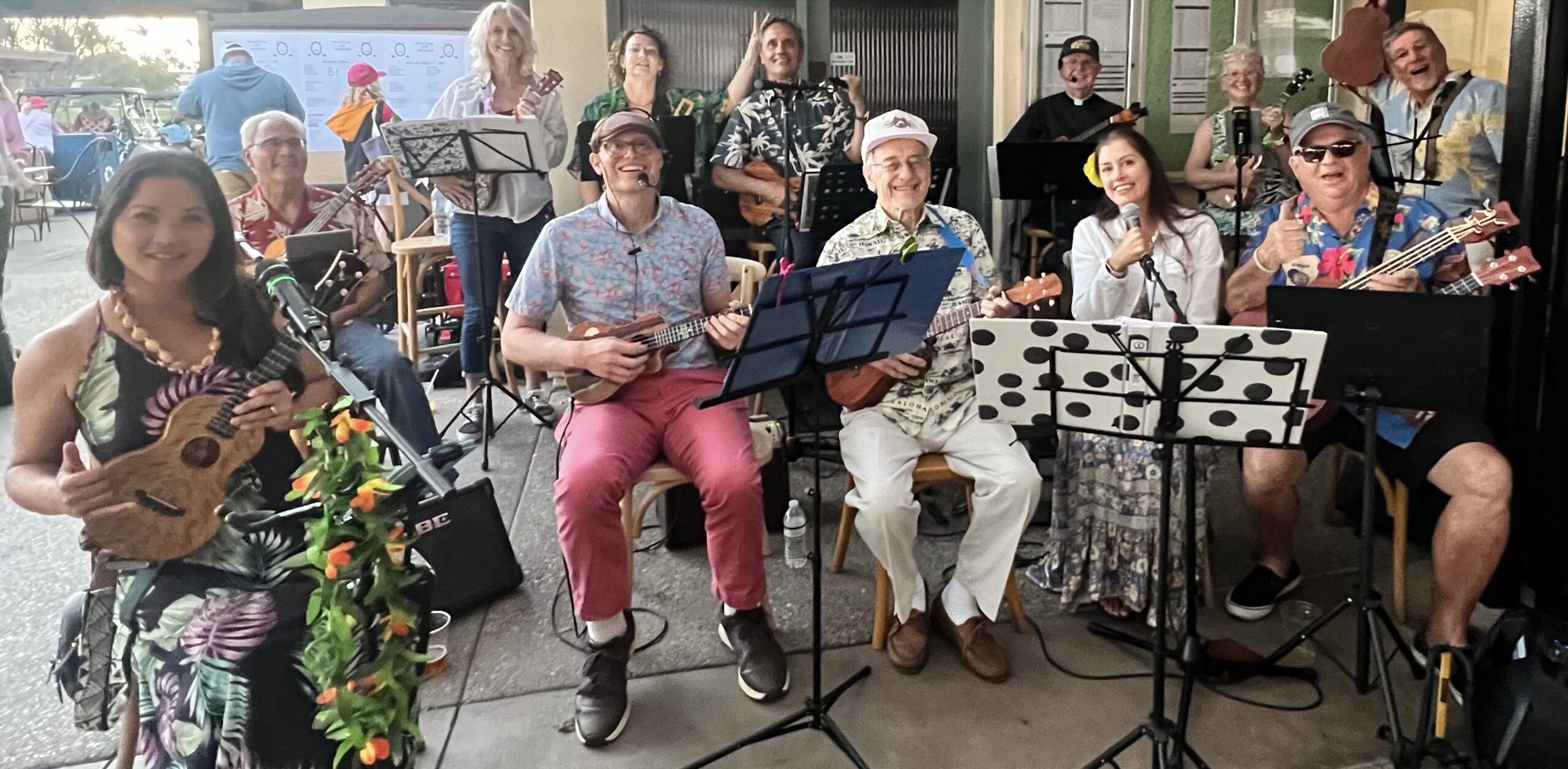 Coronado Ukulele Club play at Sacred Heart Golf Tournament Happy Hour at Coronado Golf Course- October 27, 2023